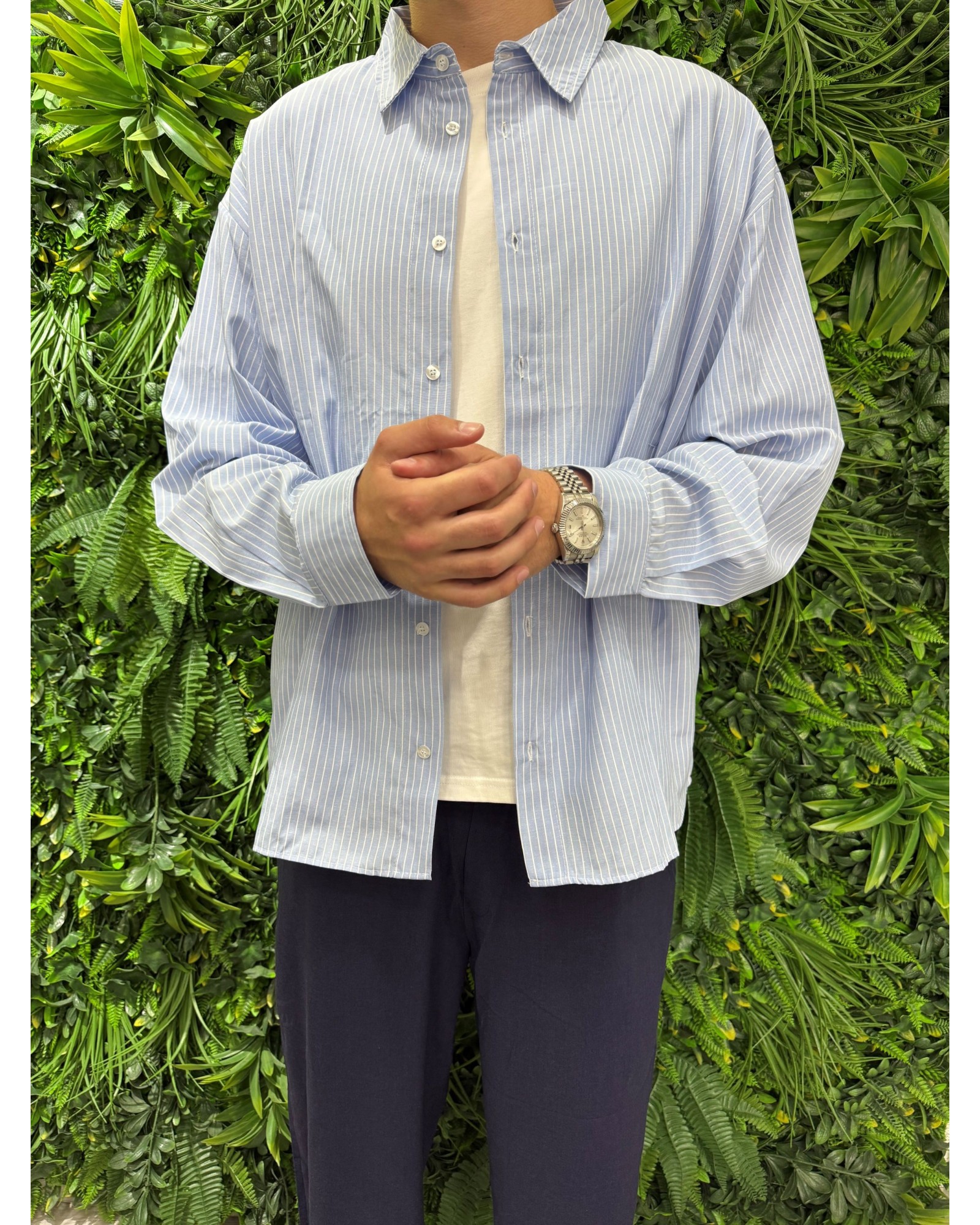 Camicia over a righe celeste